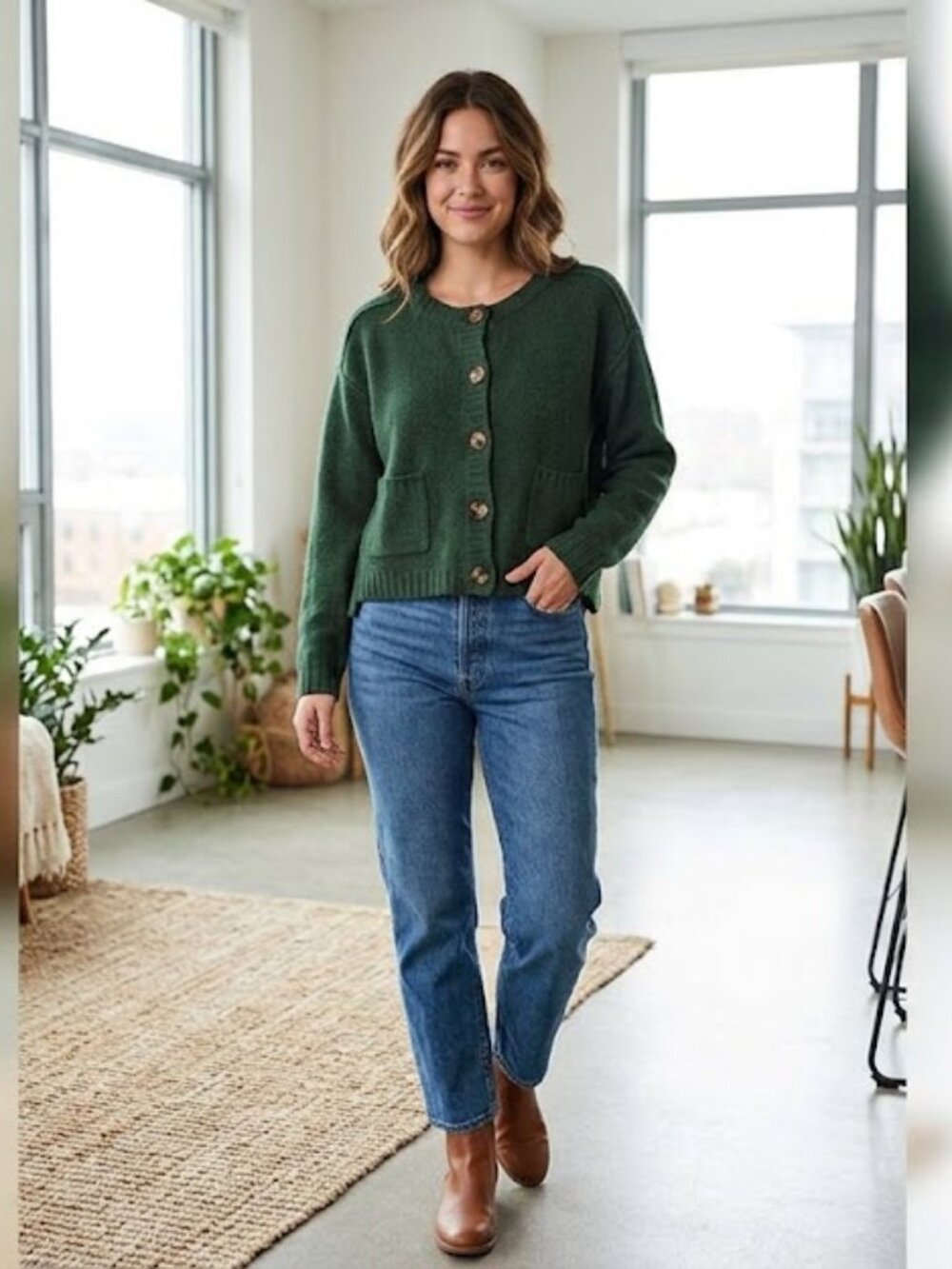 Free People Forest Green Button-Front Women's Sweater S